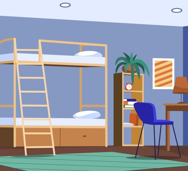 Flat student dormitory room or hostel. University or college dorm bedroom empty interior with bunk bed, desk at window, chair and bookshelf. Living apartment or accommodation with wooden furniture.
