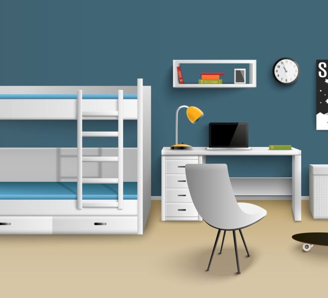 Teen boy room interior realistic image with furniture lamp clock calendar bunk bed desk skateboard vector illustration