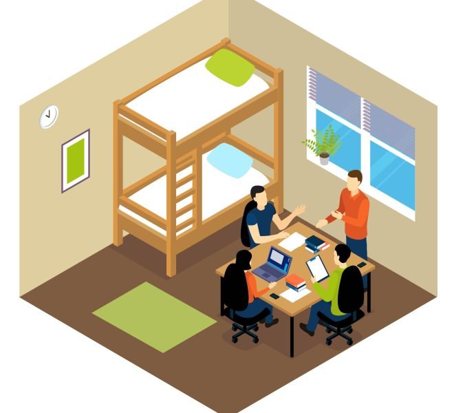 Education student isometric composition with students in dormitory in a room doing homework vector illustration